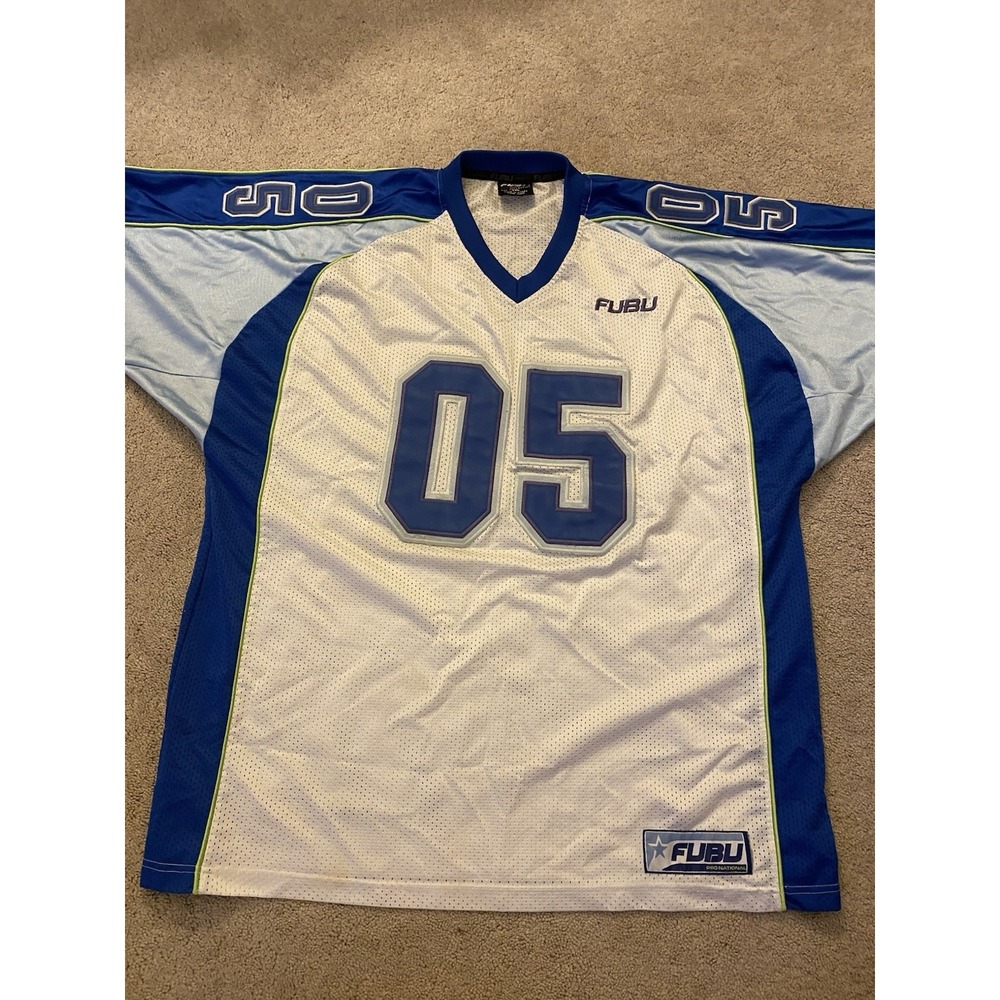 Vintage Y2K FUBU Sport "05" Football Jersey - White/Blue Retro Streetwear XXL